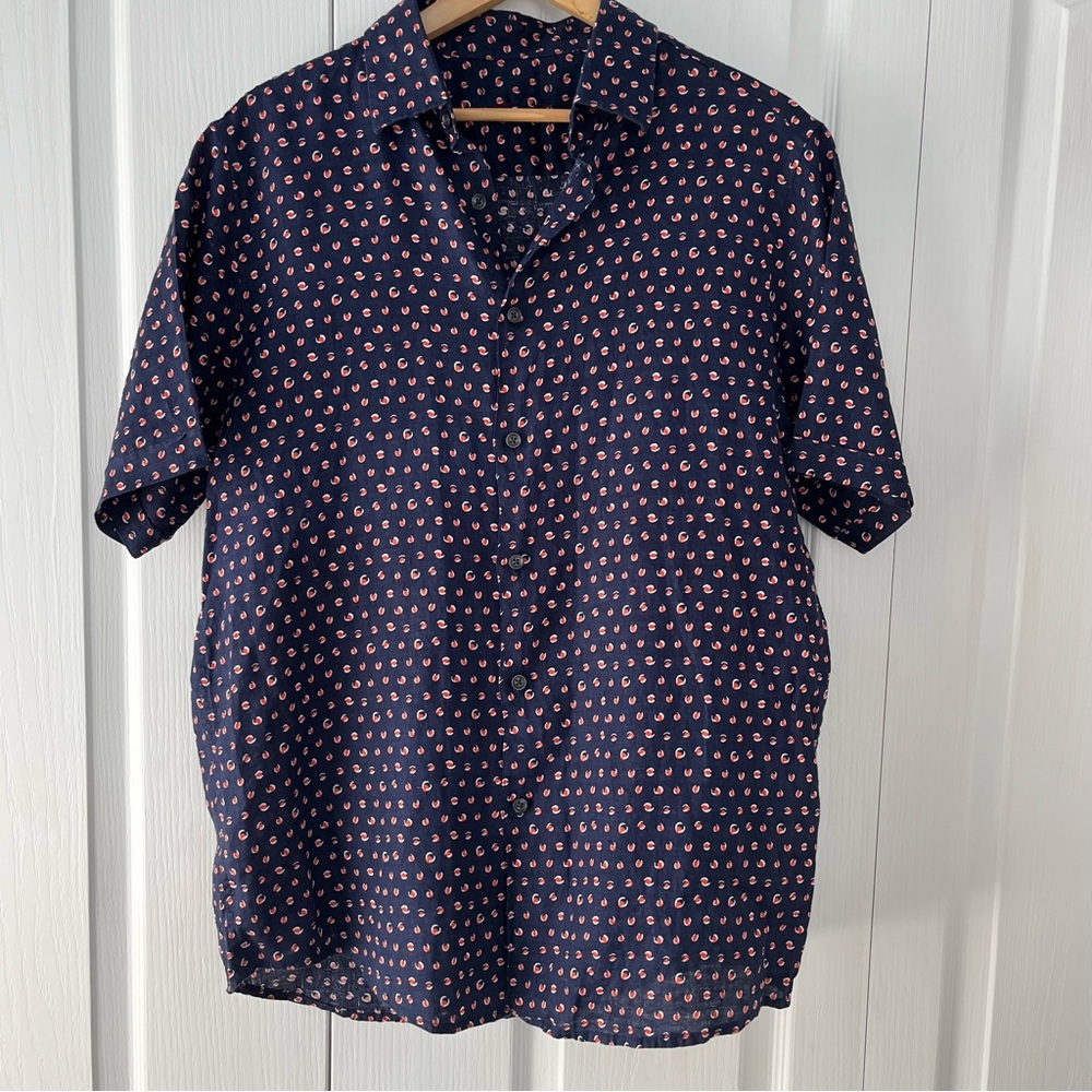 Tasso Elba Men's Navy Print Linen Shirt Size M Beach Resort